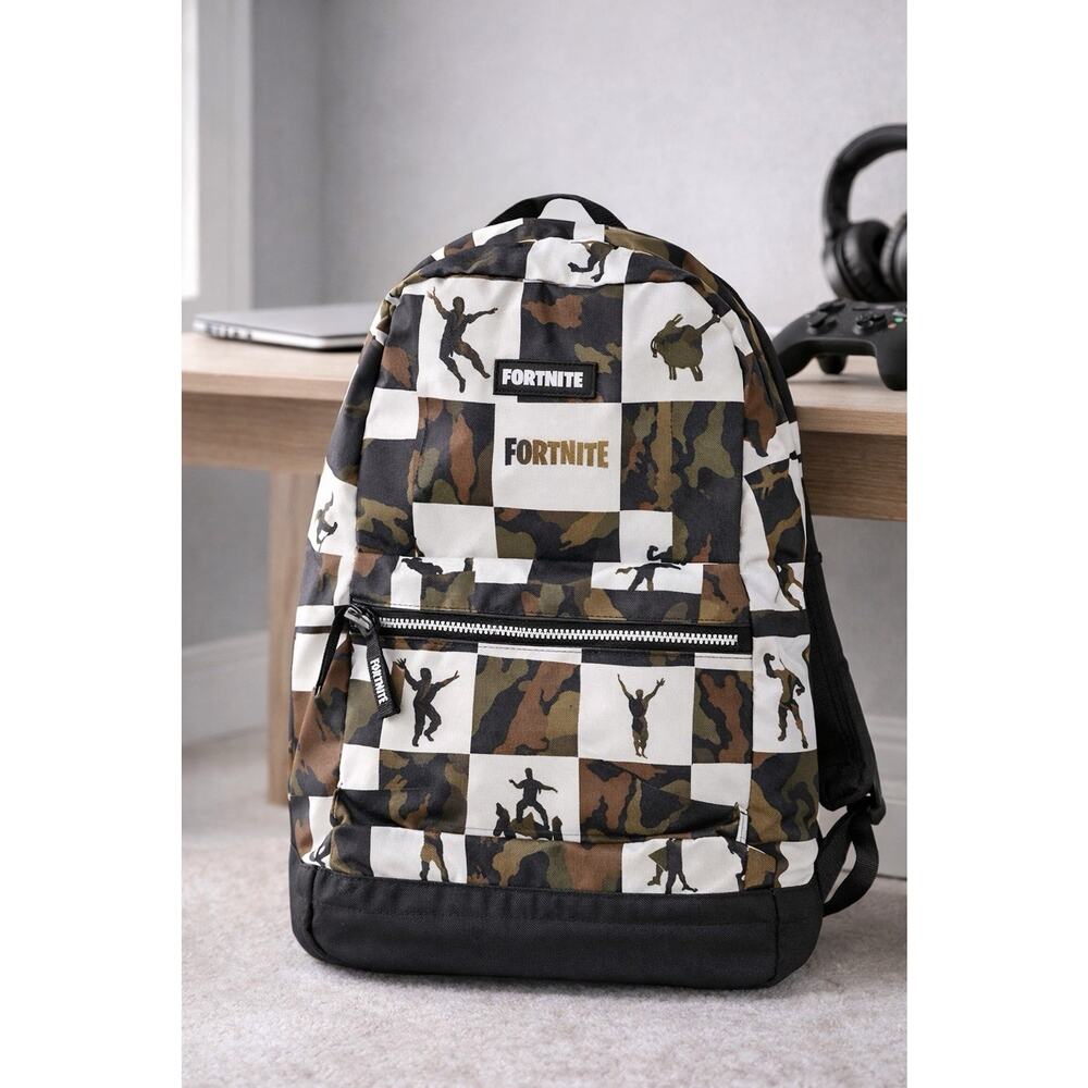 Fortnite Backpack Camo Checkered School Bag Black Multicolor Gaming Kids